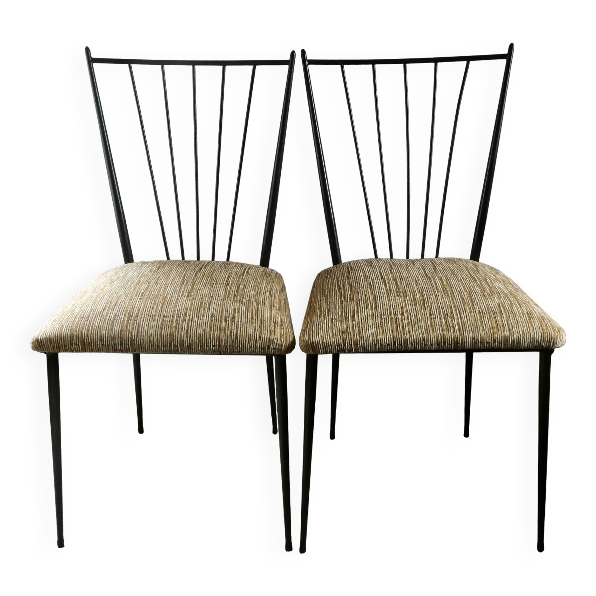 Pair of Colette Gueden chairs, black metal and fabric.