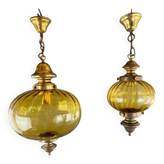 Pair of vintage amber blown glass lantern pendant lights, 20th century
