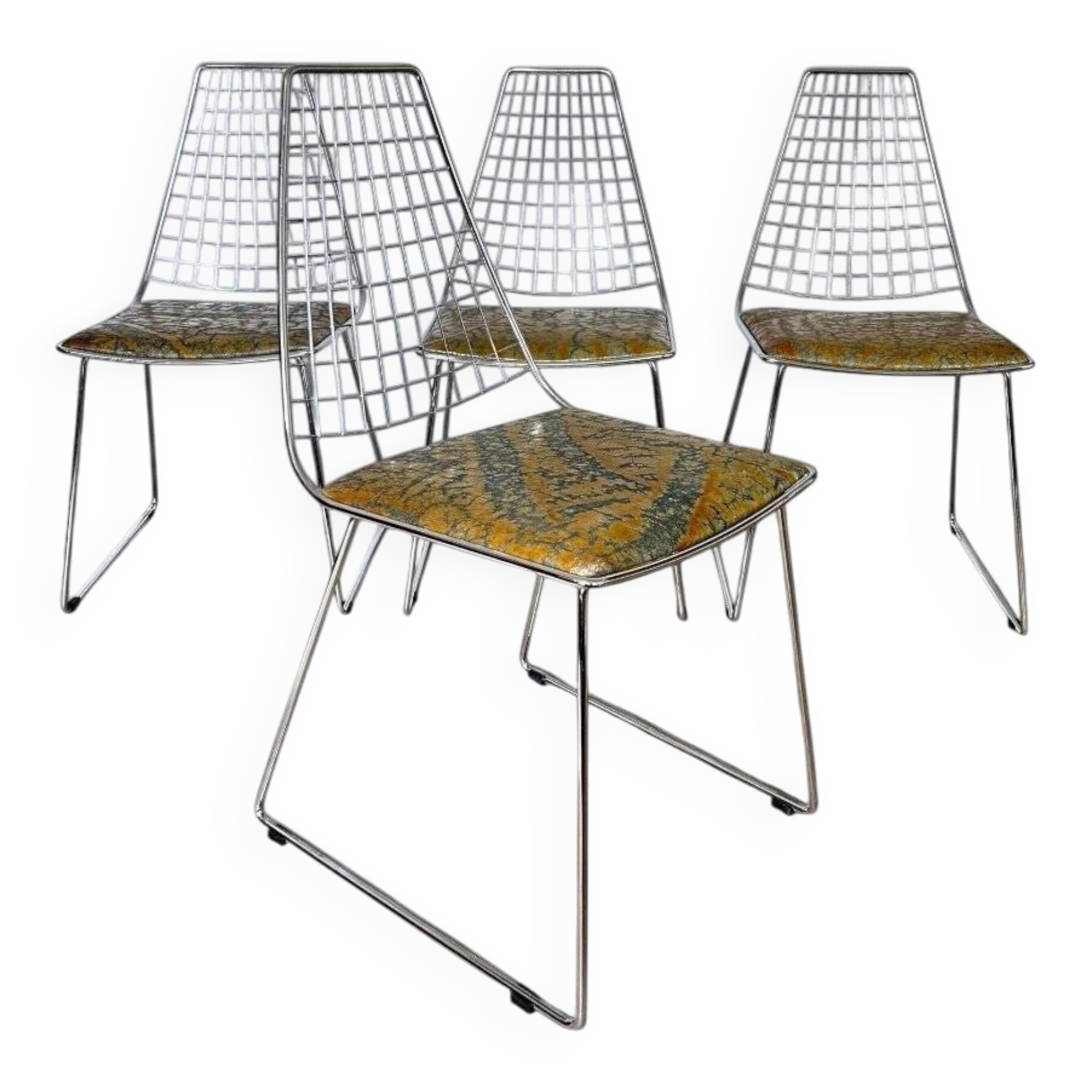 Set de 4 chaises design en cuir décoré à main et acier, années 1970