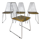 Set de 4 chaises design en cuir décoré à main et acier, années 1970