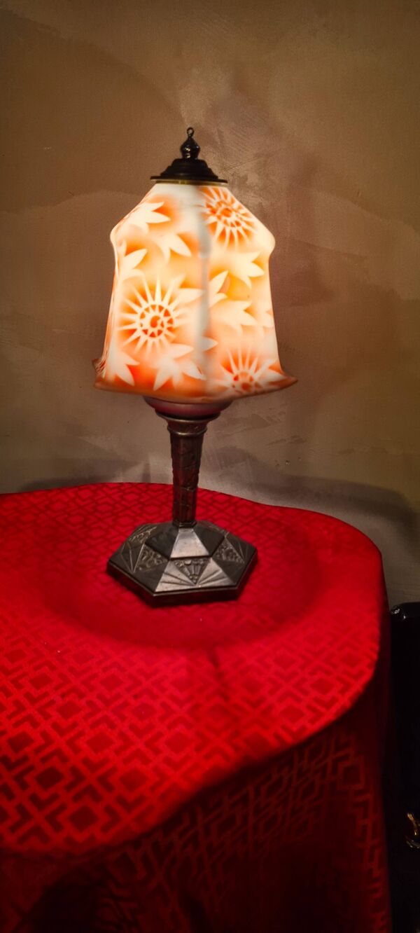 Lampe ancienne regule 1930 abat jour opaline peint art deco 36x18