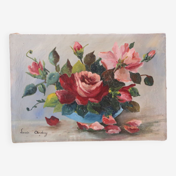 Tableau bouquet de fleurs, nature morte, signée Louis Andrey, huile sur toile, milieu XXème