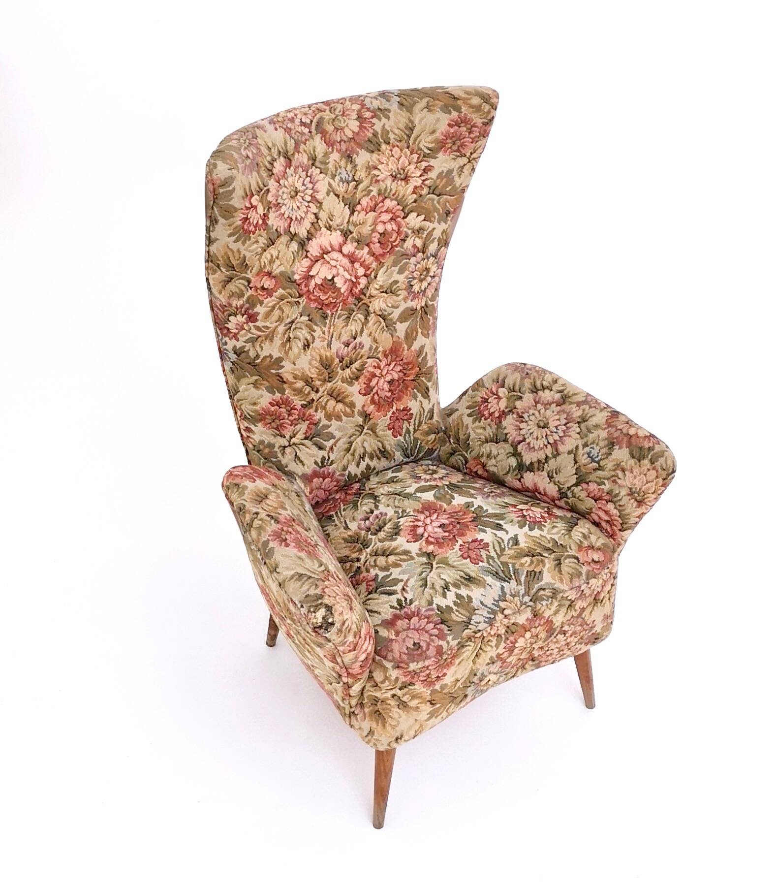 Vintage Floral Fabric Children Armchair with Wooden Legs, Italy
