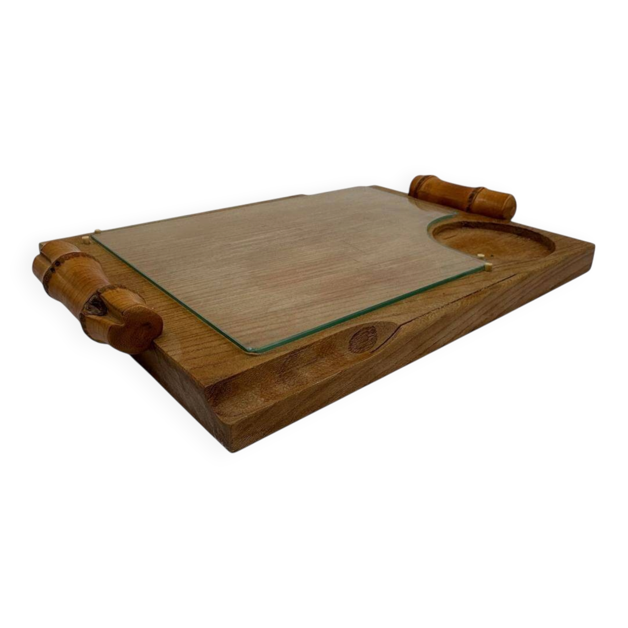Wood and bamboo vintage plateau, glass, 1960