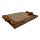 Wood and bamboo vintage plateau, glass, 1960