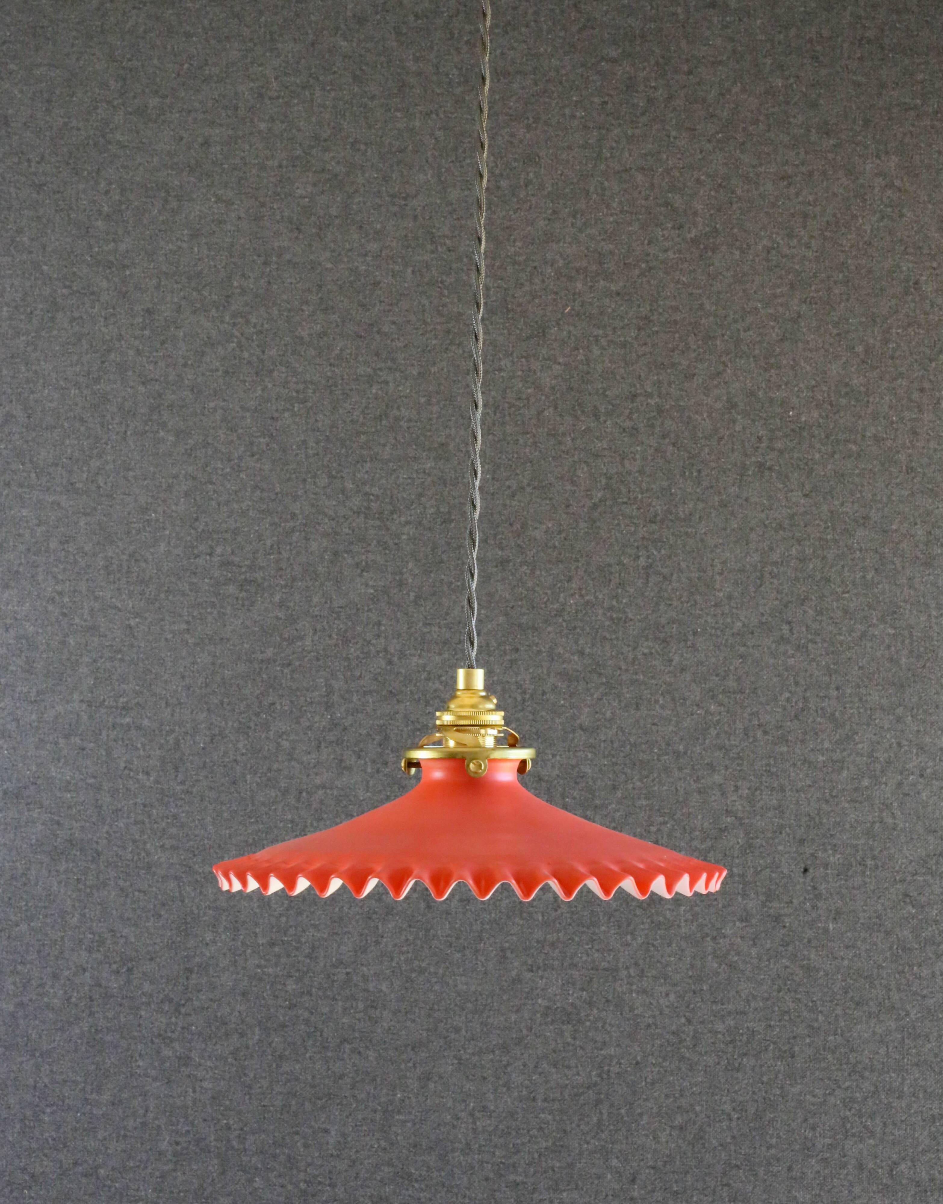 Pendant light in old glass painted red and white. New socket and cable.