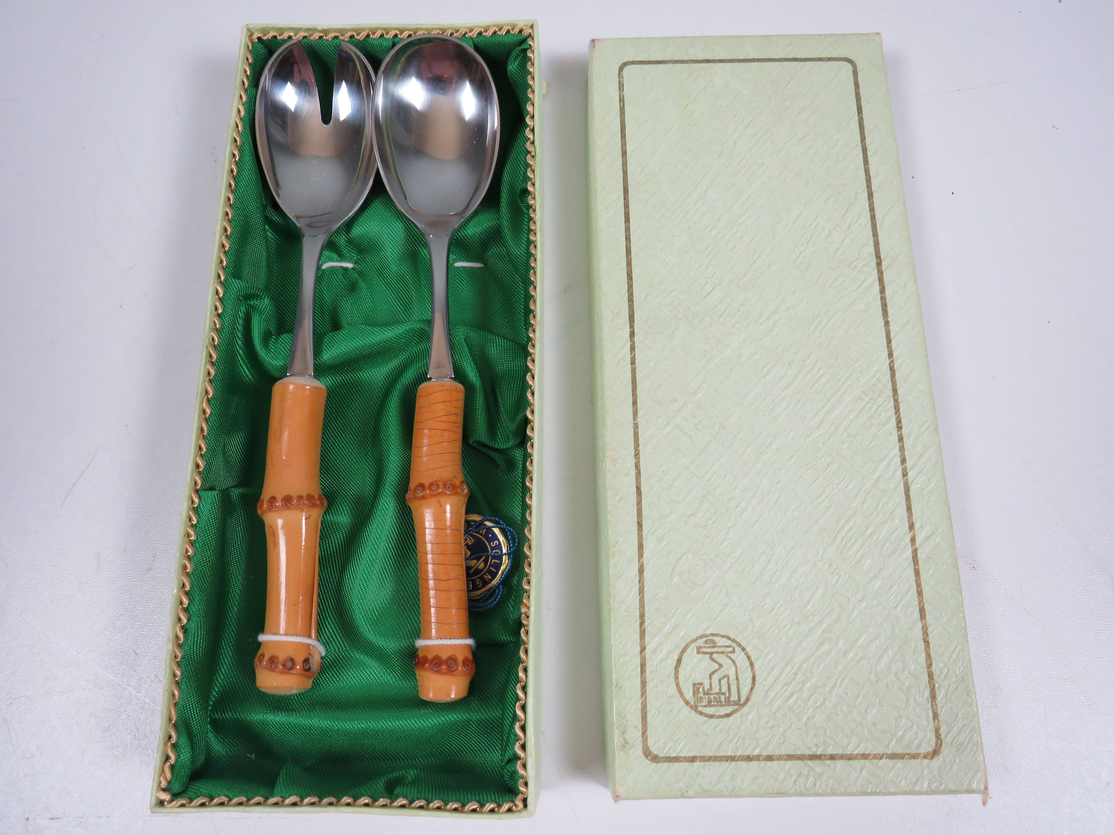 Vintage salad service Solingen in stainless steel and bamboo – Germany