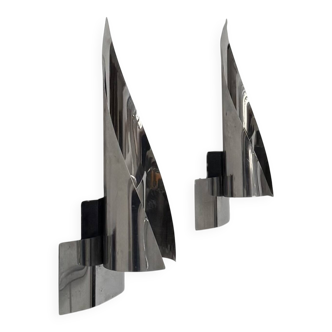 Pair of vintage wall lights, chrome metal, France, 1970.