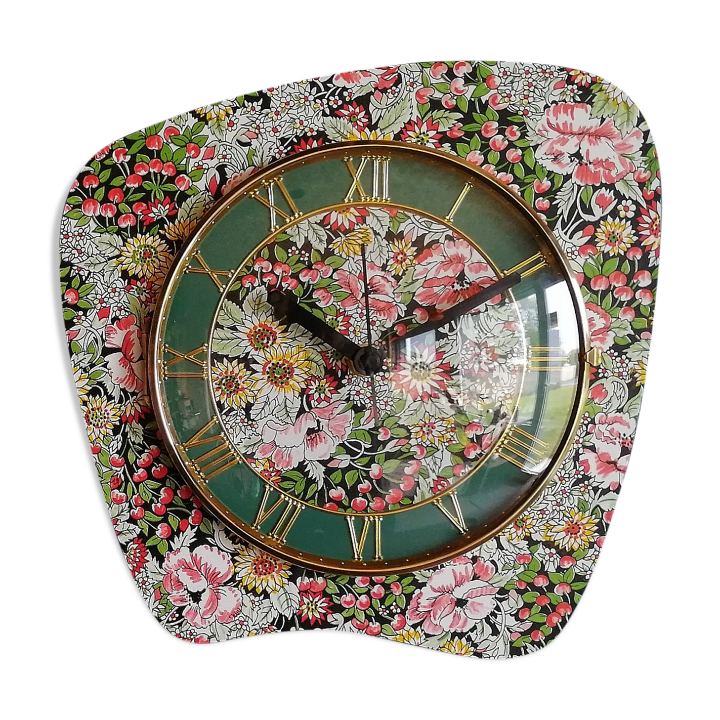 Vintage clock silent wall pendulum "Flowers Cherries"