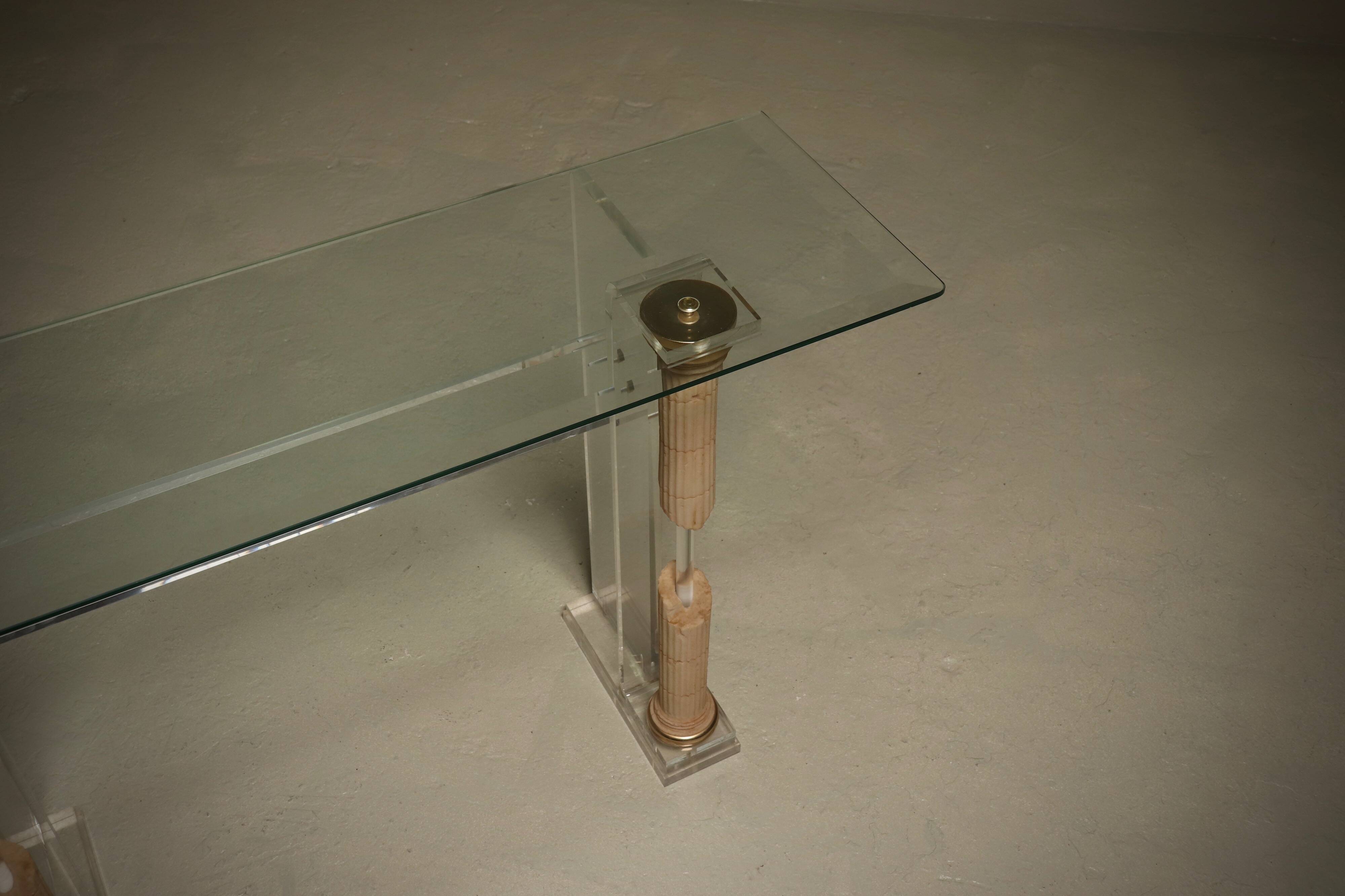 Italian Modern Plexiglass Console Table with Roman Column Details 1980s