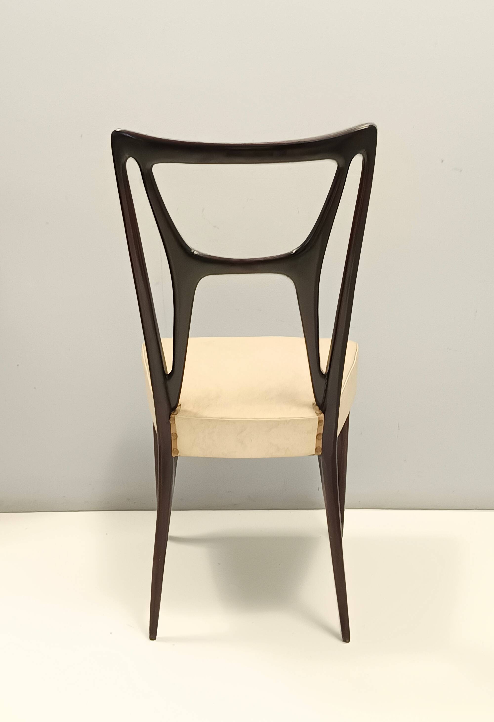 Set of Six Ebonized Beech Dining Chairs with Ivory Skai Upholstery, Italy