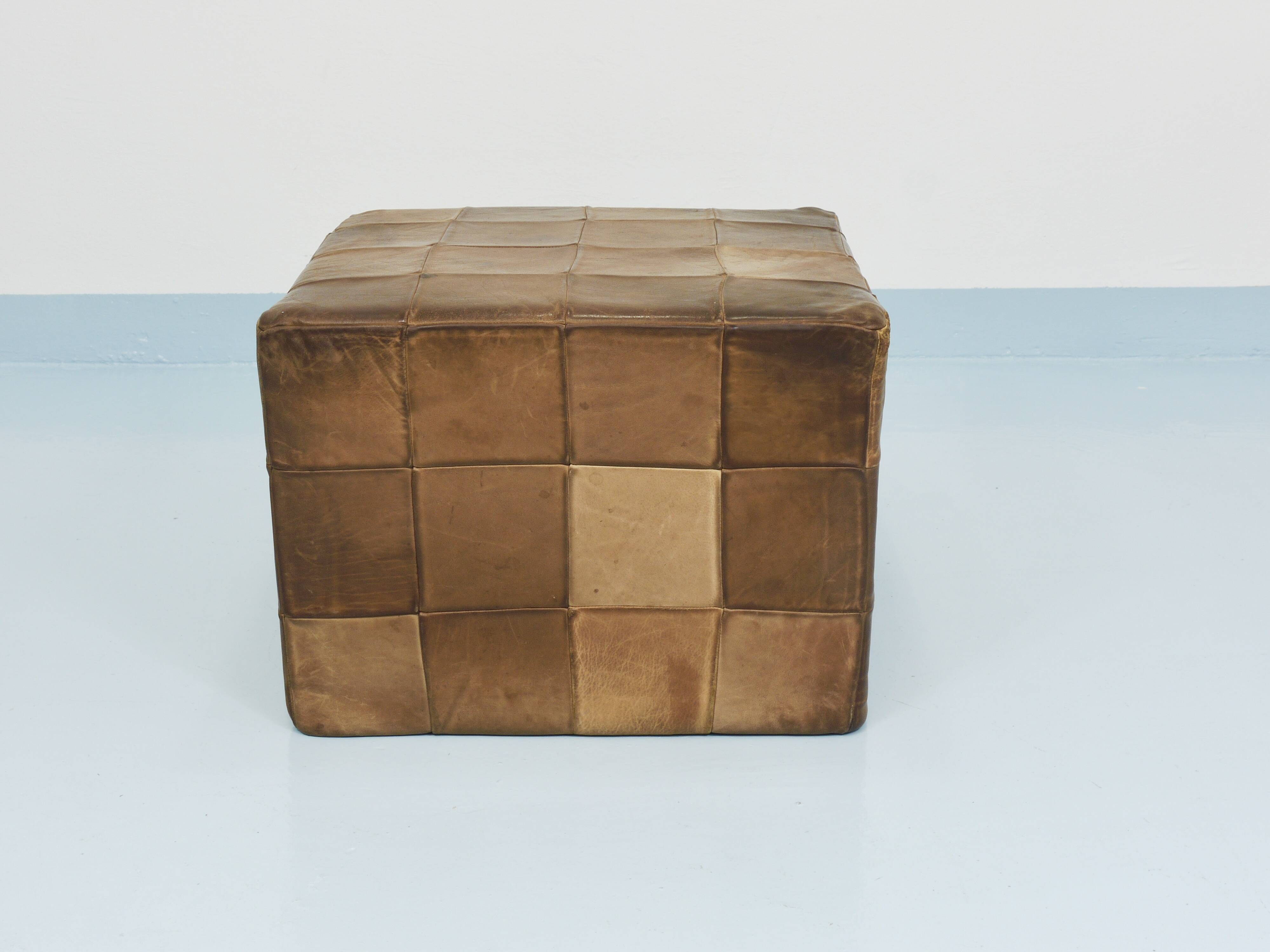 De Sede Patchwork Leather Cube Stool, Pouf, Ottoman, Switzerland, 1970s