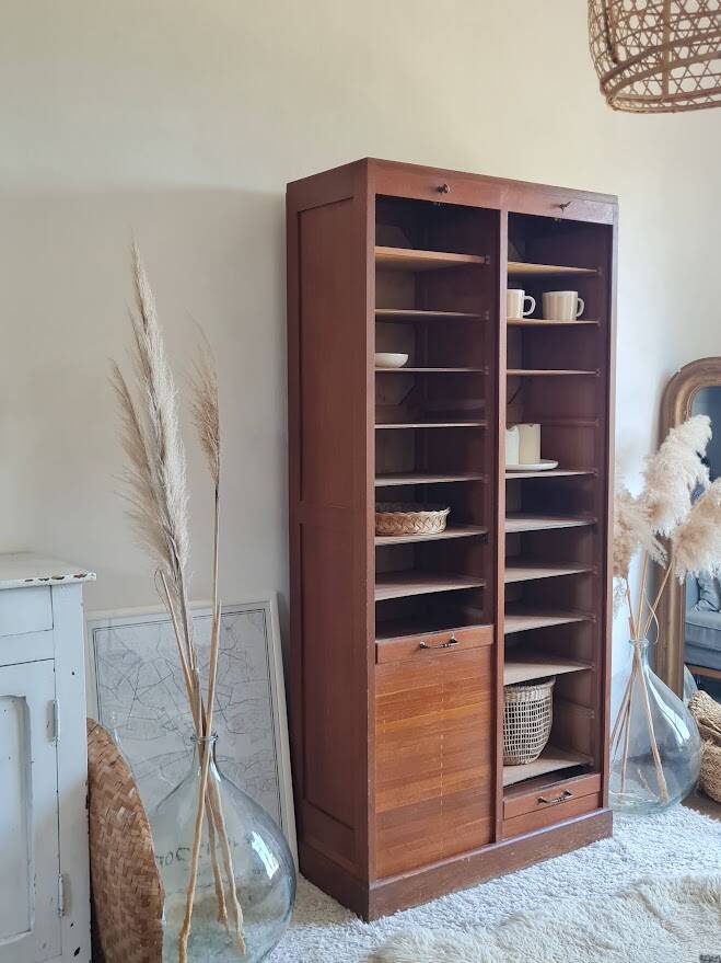Vintage double curtain filing cabinet.