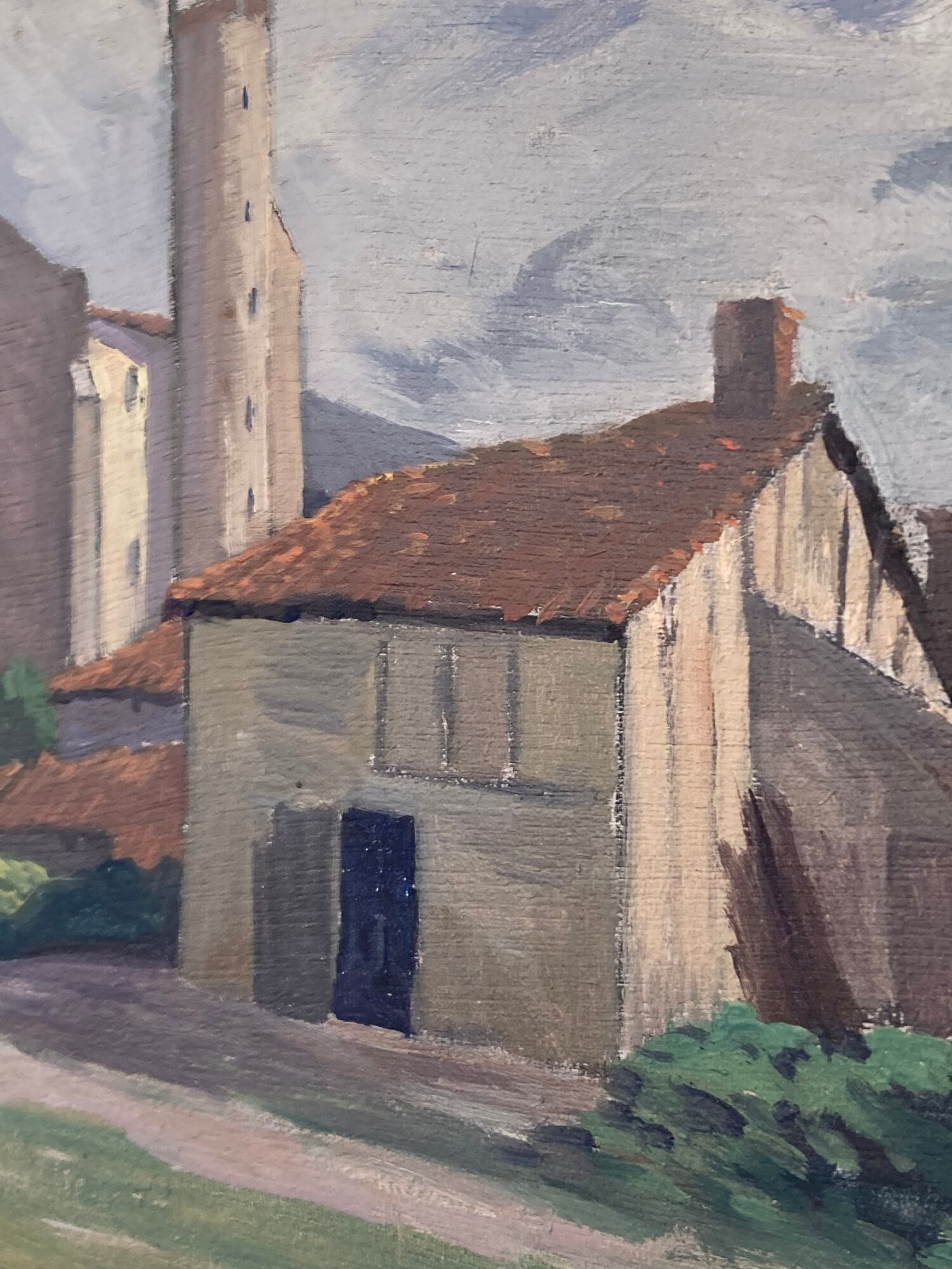 Oil on vintage wood panel / painting representing a village in the Landes