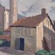 Oil on vintage wood panel / painting representing a village in the Landes