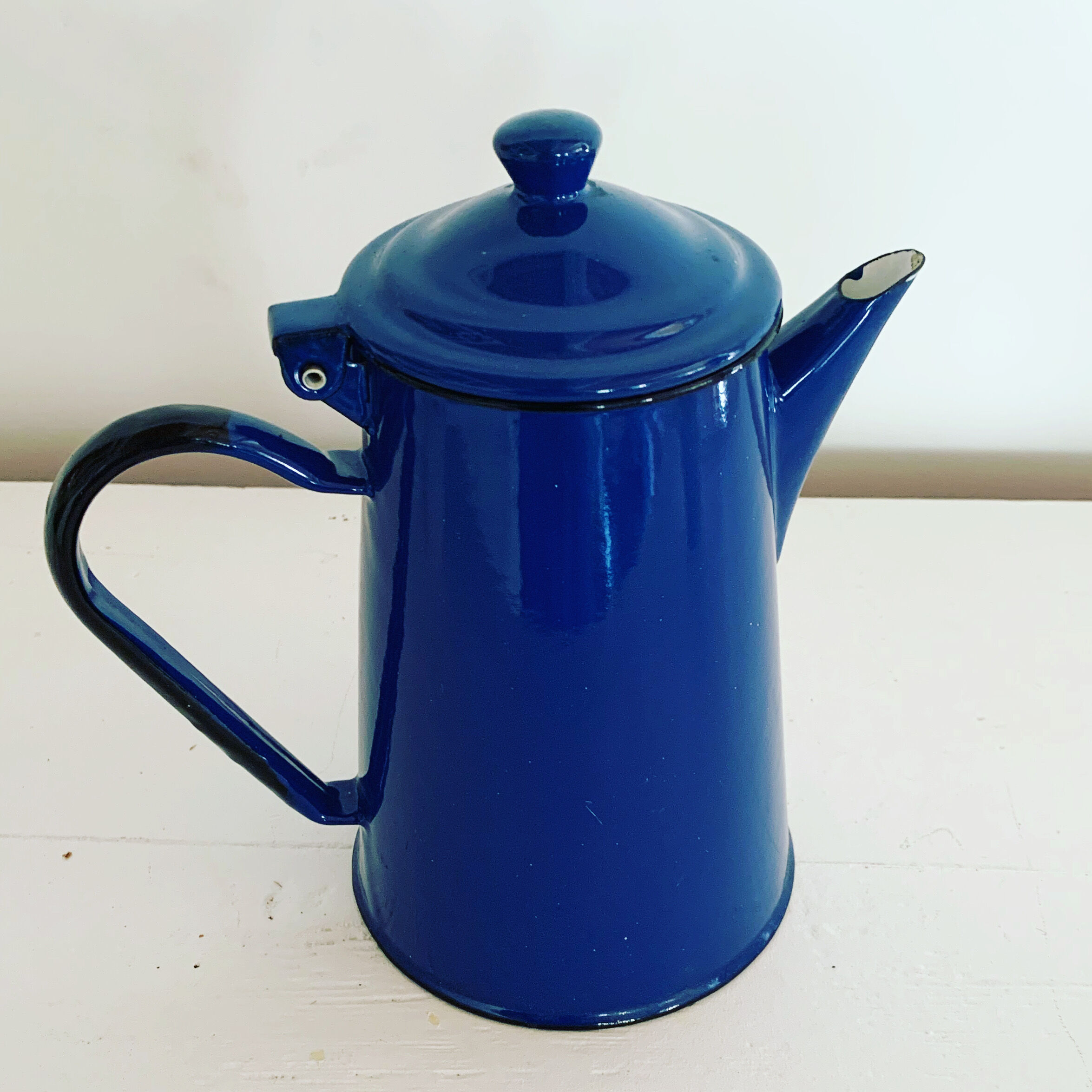 Vintage blue and black enamel coffee pot