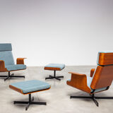 Pair of modernist teak lounge chairs and poufs 1960