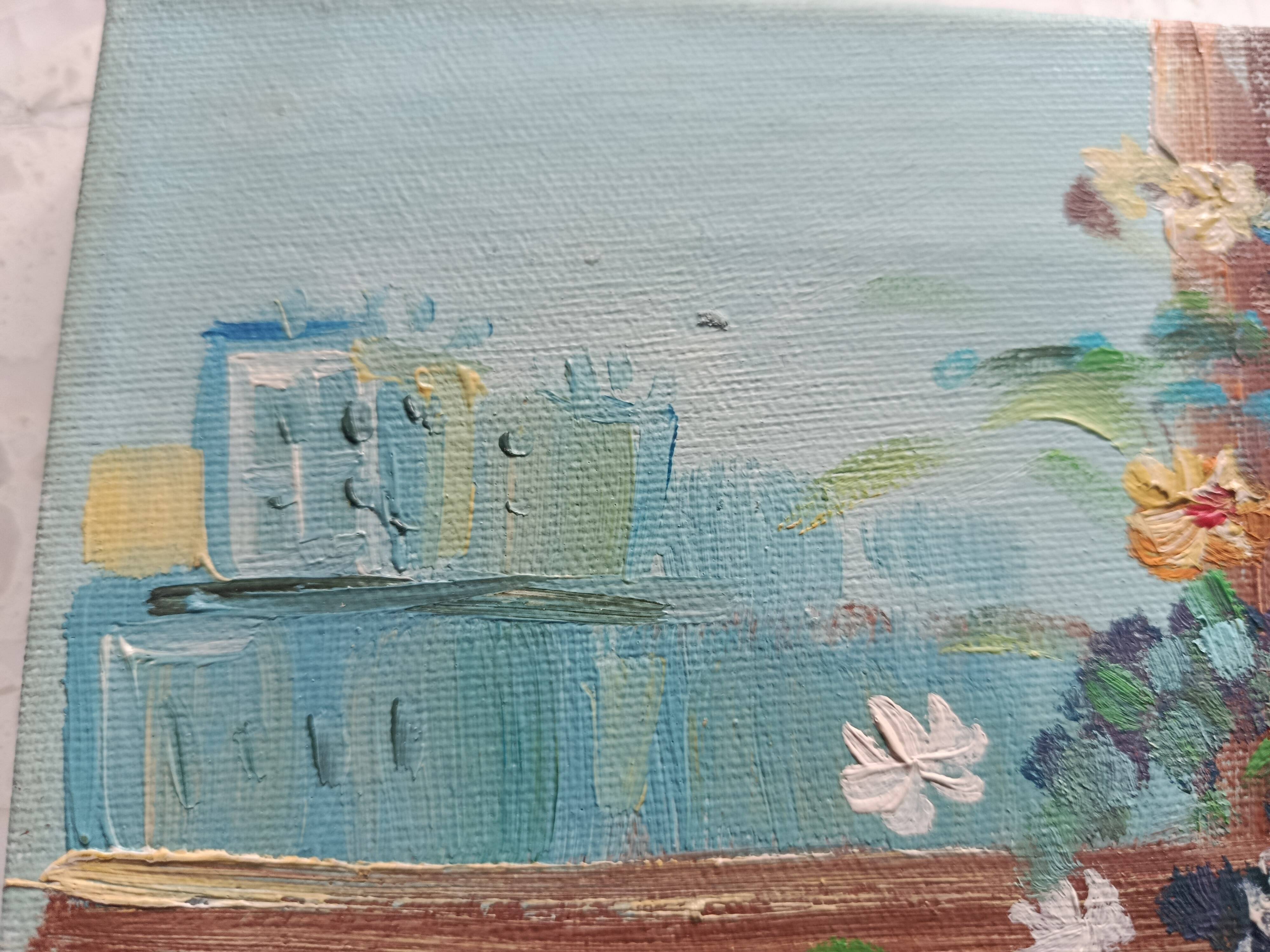 Hst still life signed helman xx: bouquet of flowers, vase, fruit, basket, window