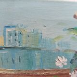 Hst still life signed helman xx: bouquet of flowers, vase, fruit, basket, window