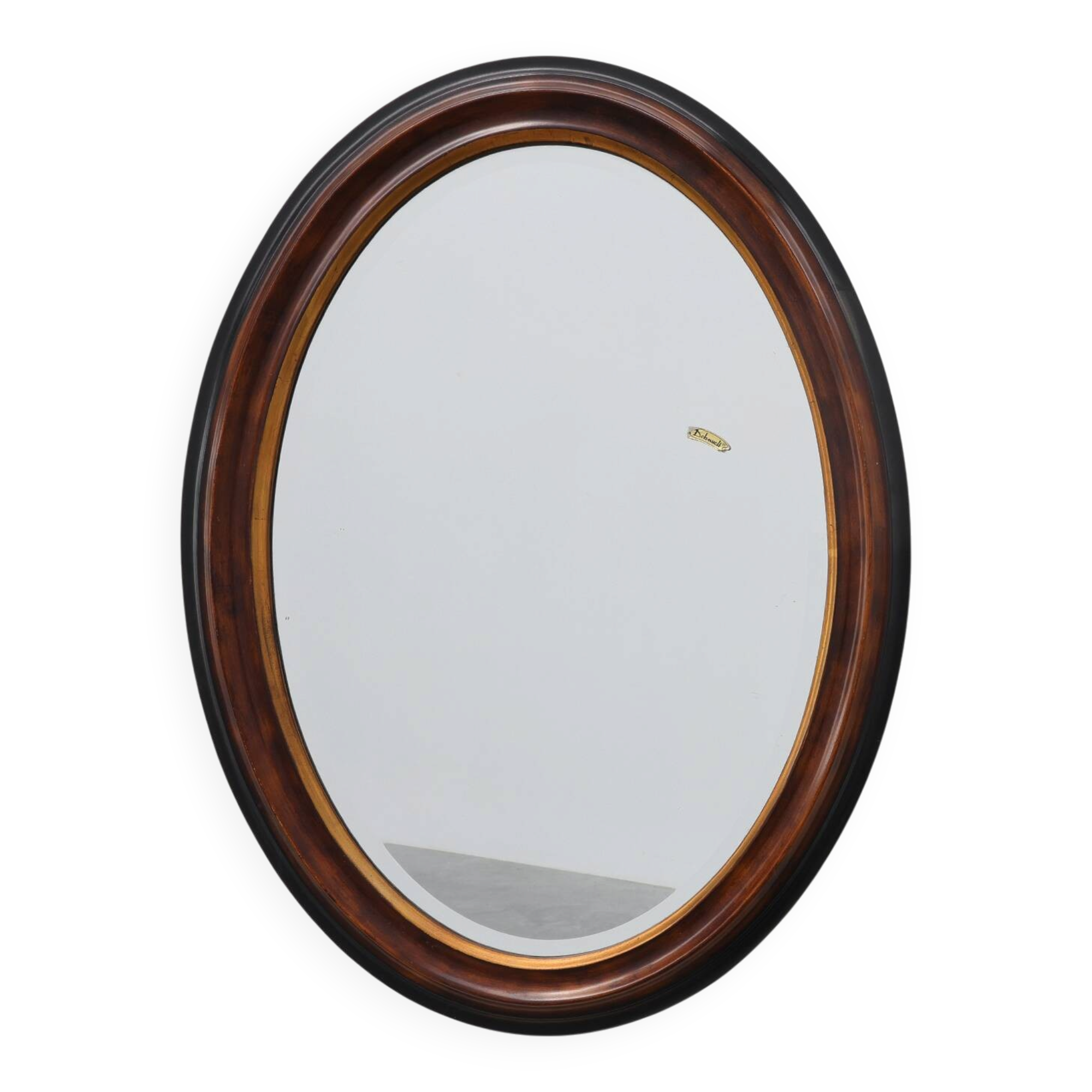 Deknudt Oval Wall Mirror with Walnut-Toned Frame and Gilt Inner Edge, Belgi