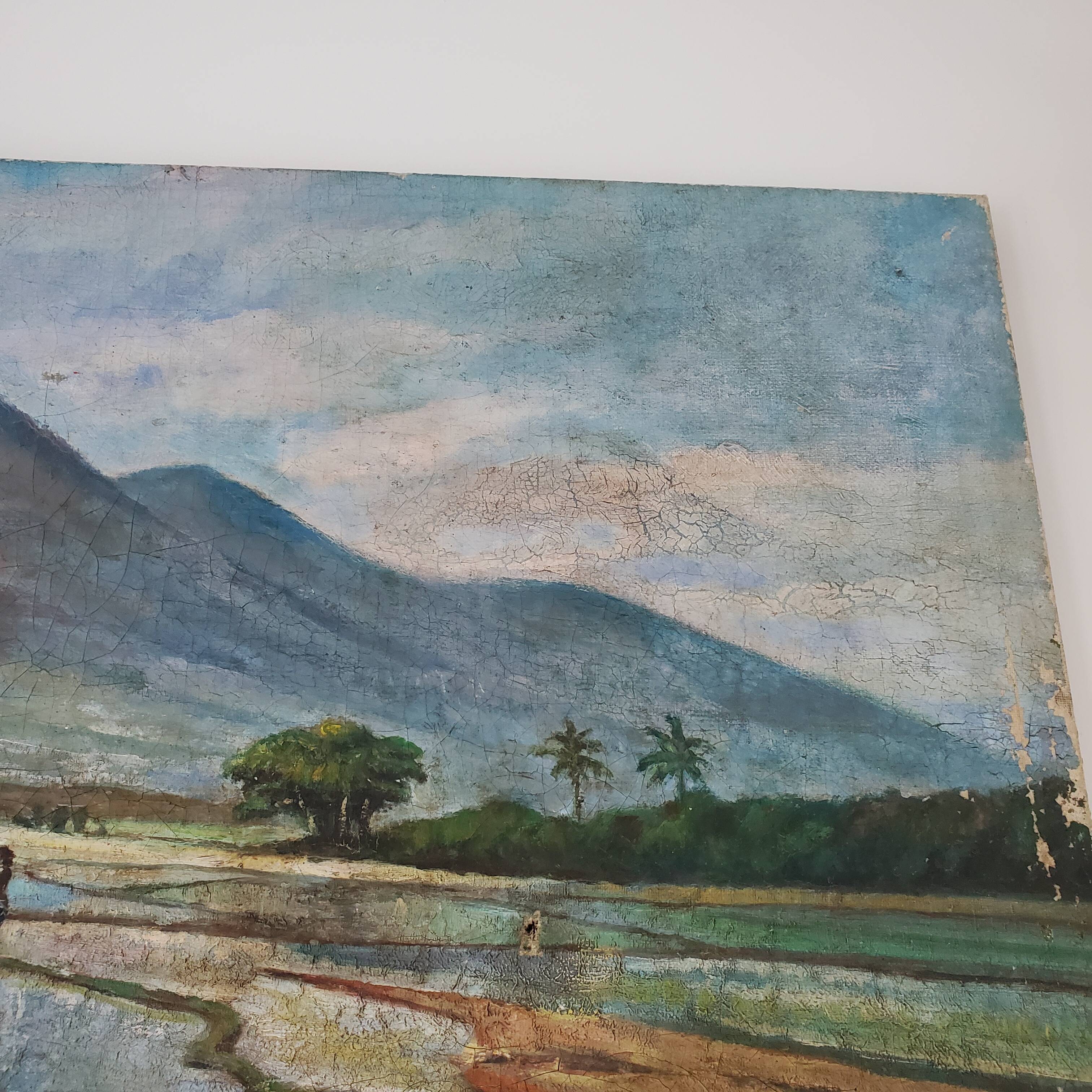 Tableau ancien peinture paysage de rizières et montage