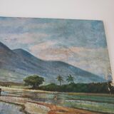 Large old painting landscape painting of rice fields and mounting