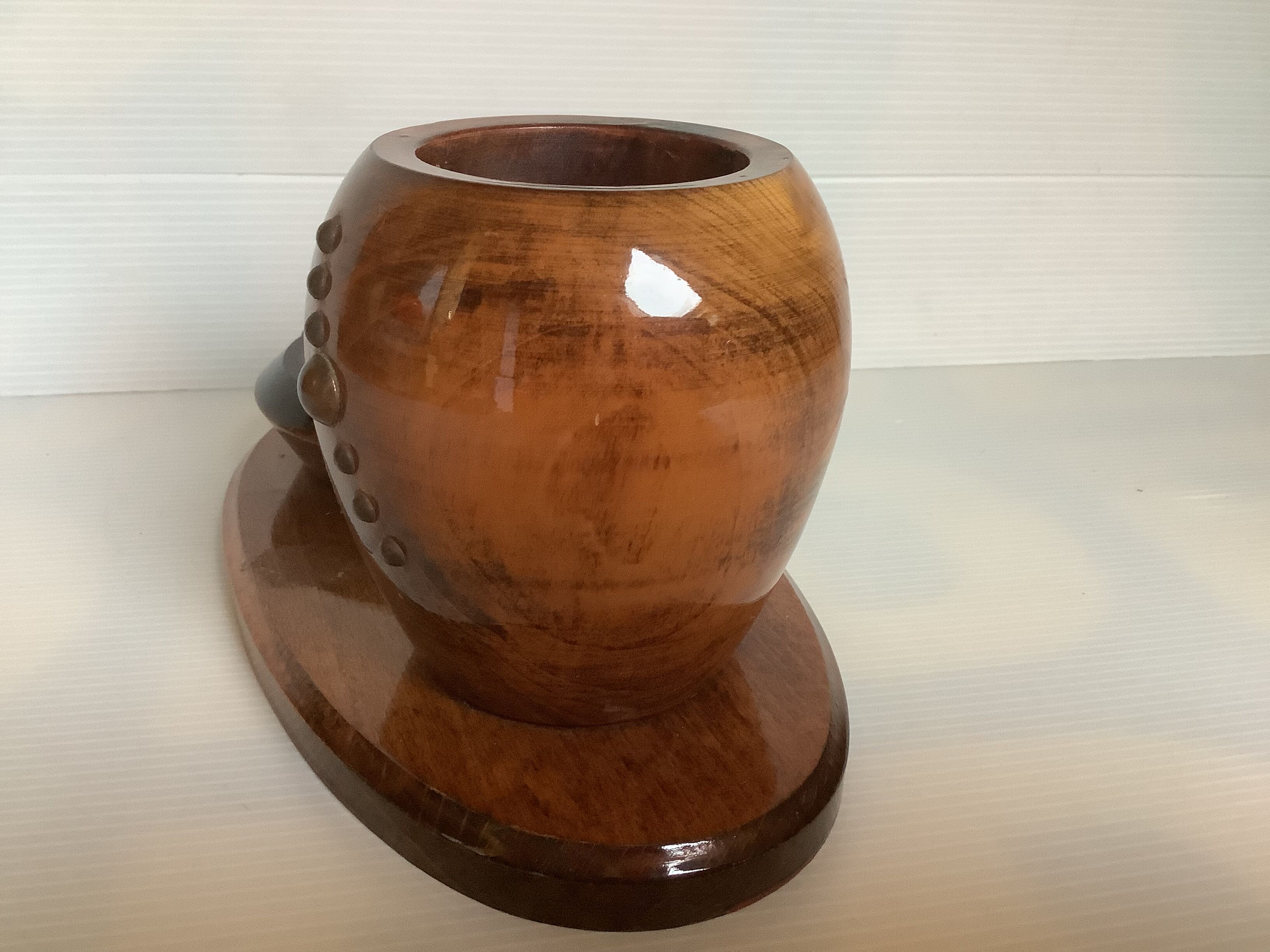 Old brutalist varnished wooden pencil pot