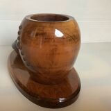 Old brutalist varnished wooden pencil pot