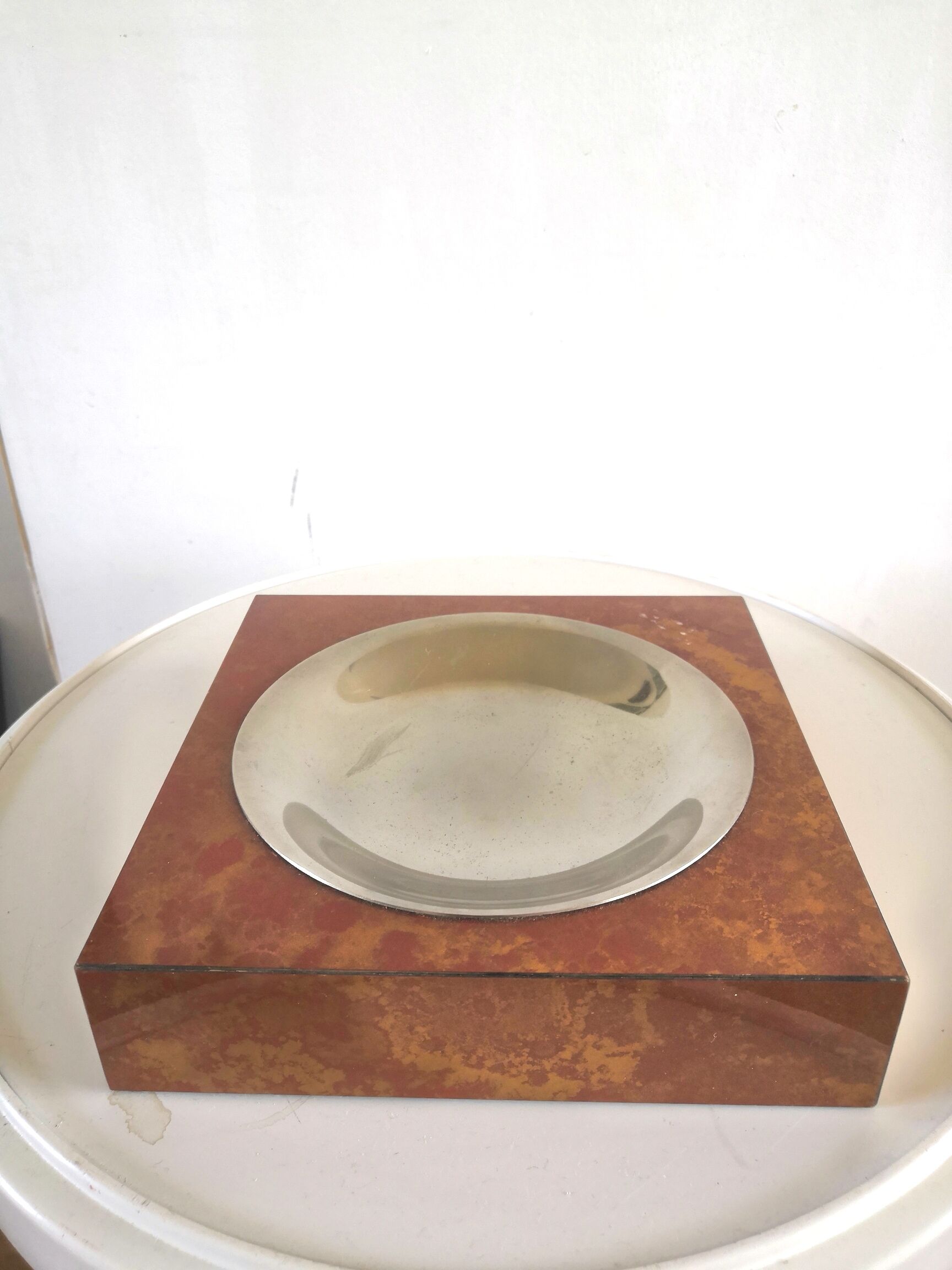 Ashtray veneer wood and metal design 70s
