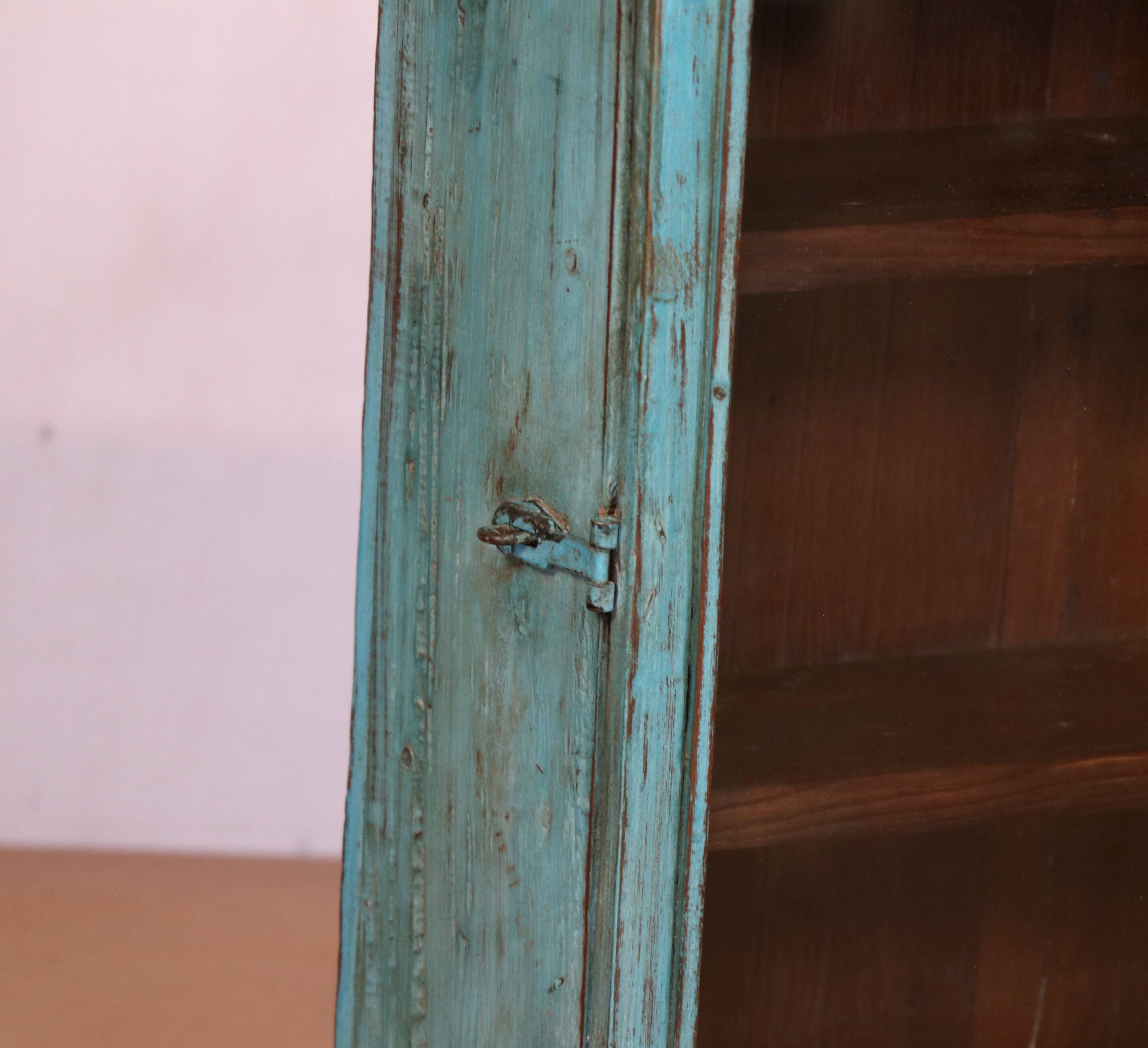 Old art deco wall display case in original blue teak burmese patina