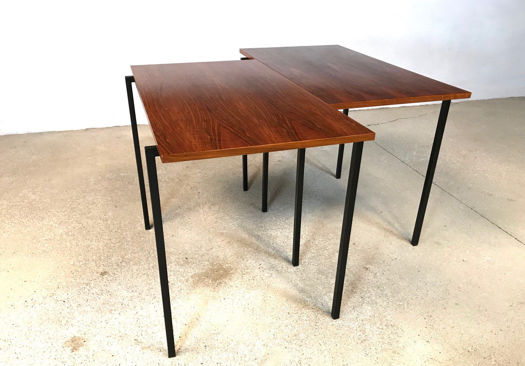 Minimalist walnut & steel stacking side tables, 1960s, Set of 2