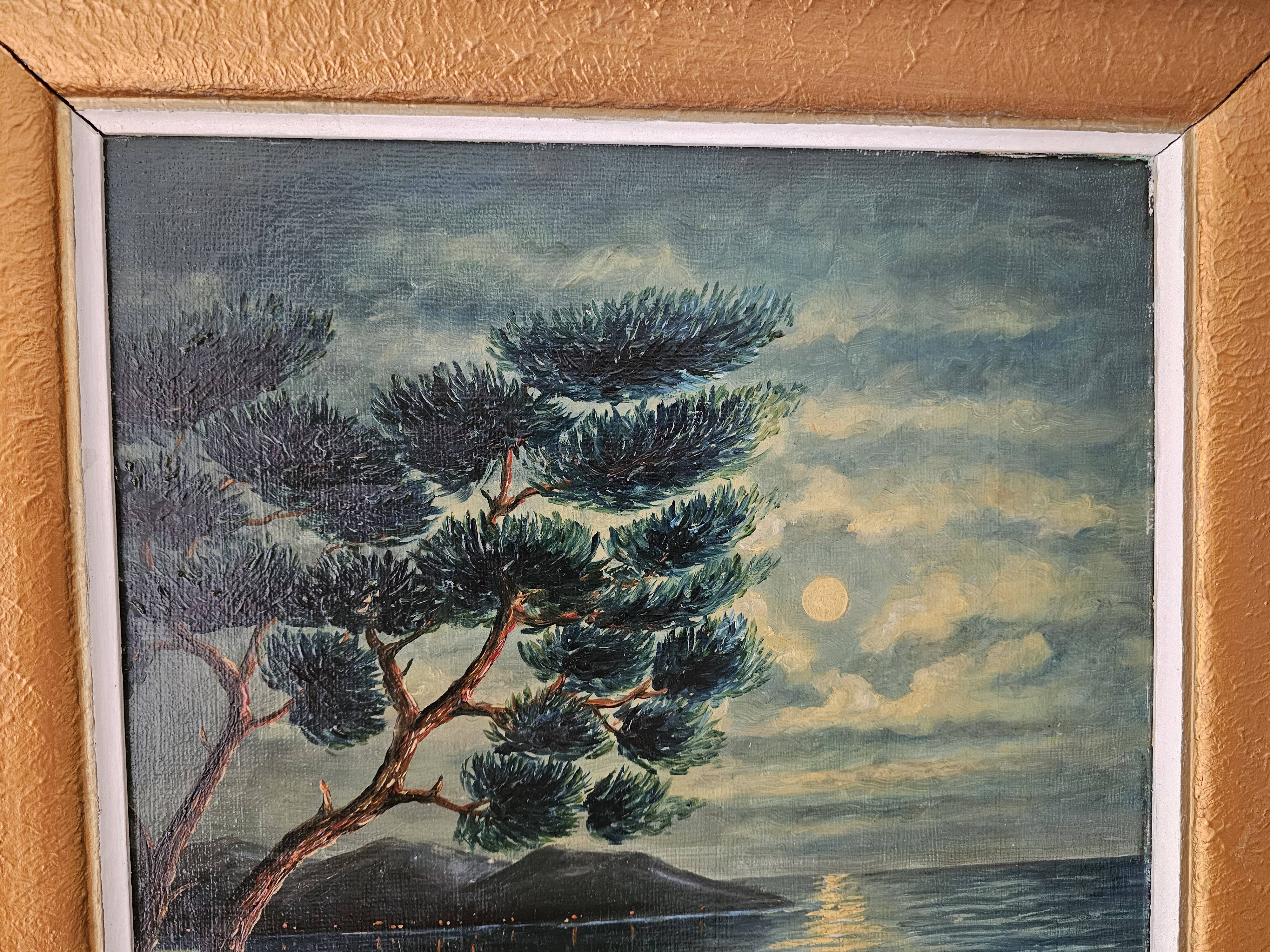 Oil on Panel - Marine Mediterranean Landscape at Night G Goudon