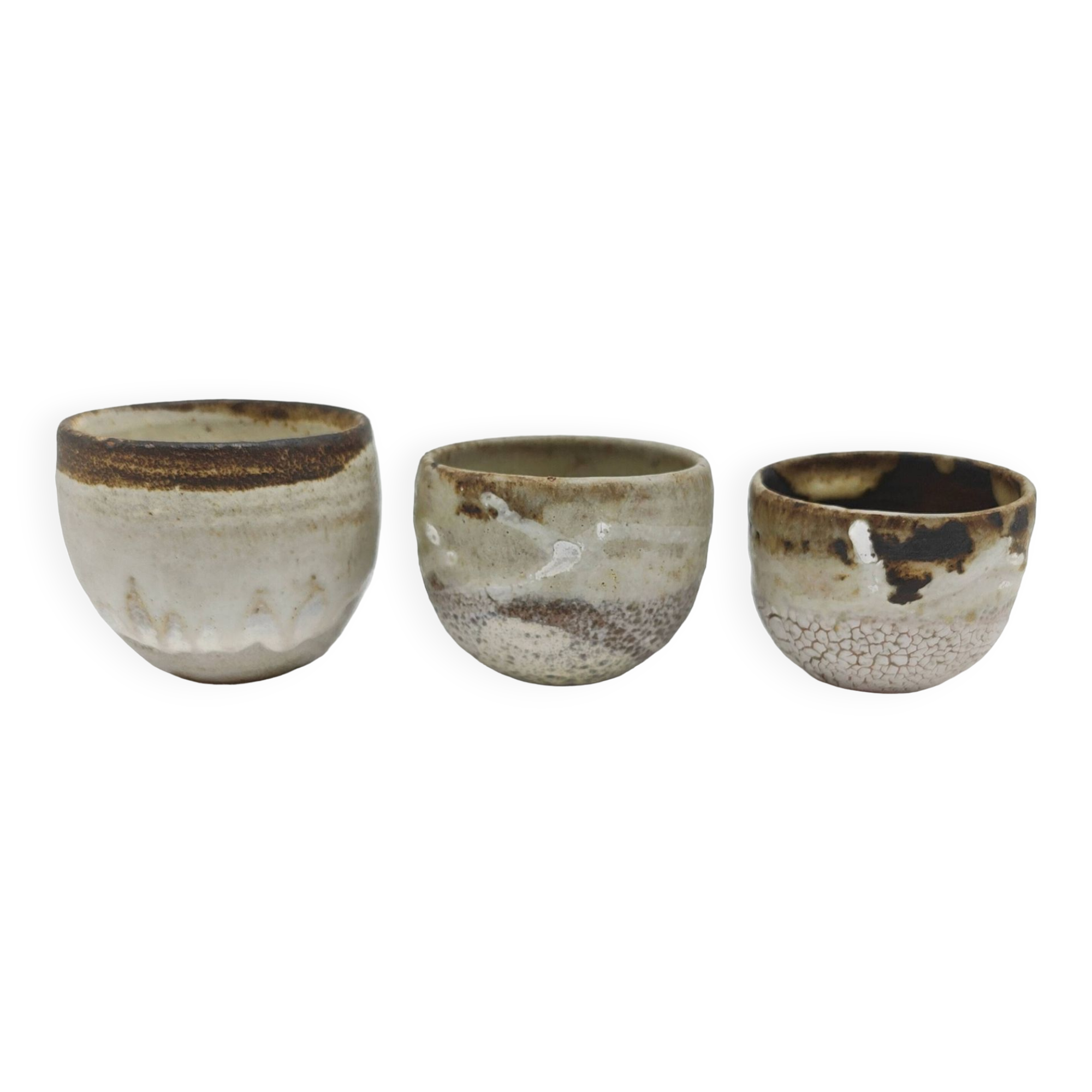 Trilogy of Japanese cups or cups by Danish ceramist Gutte Eriksen technique by RAKU