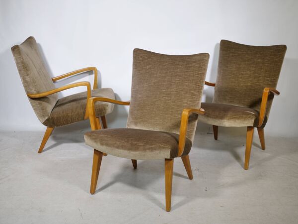 Fauteuils de salon des années 50 avec revêtement en velours, ensemble de 3, années 1960