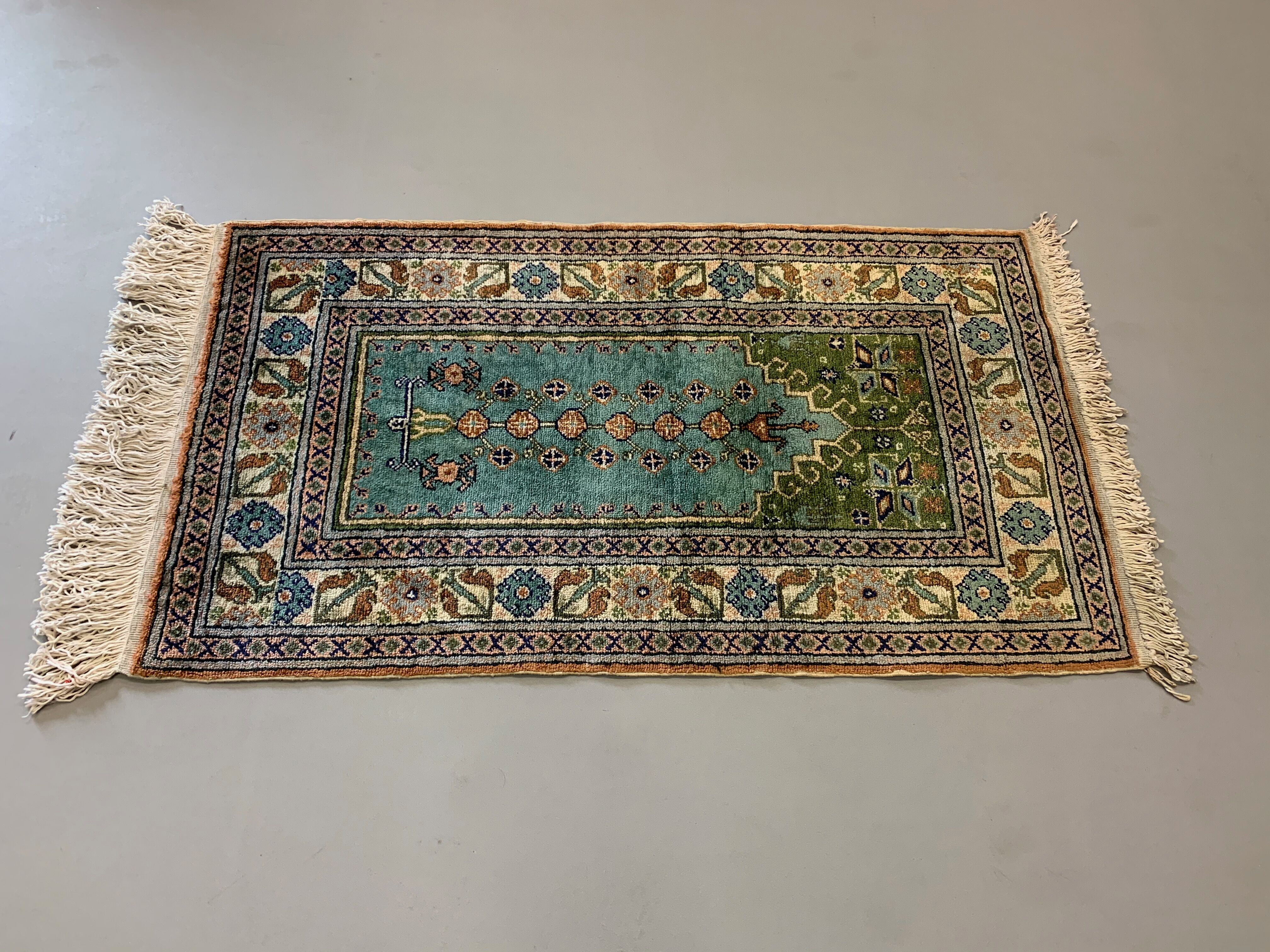 vintage turkish vegan silk rug 120x62 cm kayseri blue beige small selency