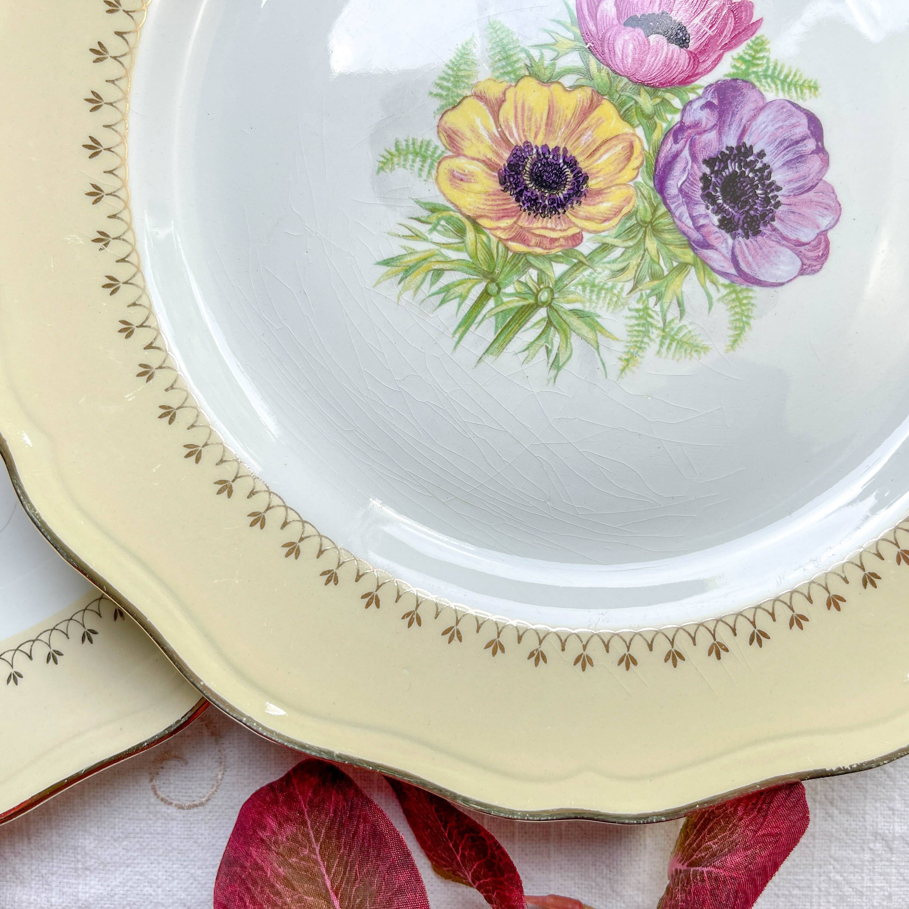 6 vintage porcelain dinner plates with white and golden yellow floral pattern L'Amandinoise "Coopélia" - Vintage floral tableware