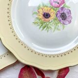 6 vintage porcelain dinner plates with white and golden yellow floral pattern L'Amandinoise "Coopélia" - Vintage floral tableware