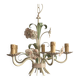 Five-branch enamelled metal chandelier with pink flower decoration.