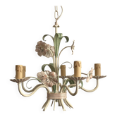 Lustre à 5 branches en métal émaillé à décor de fleur rose
