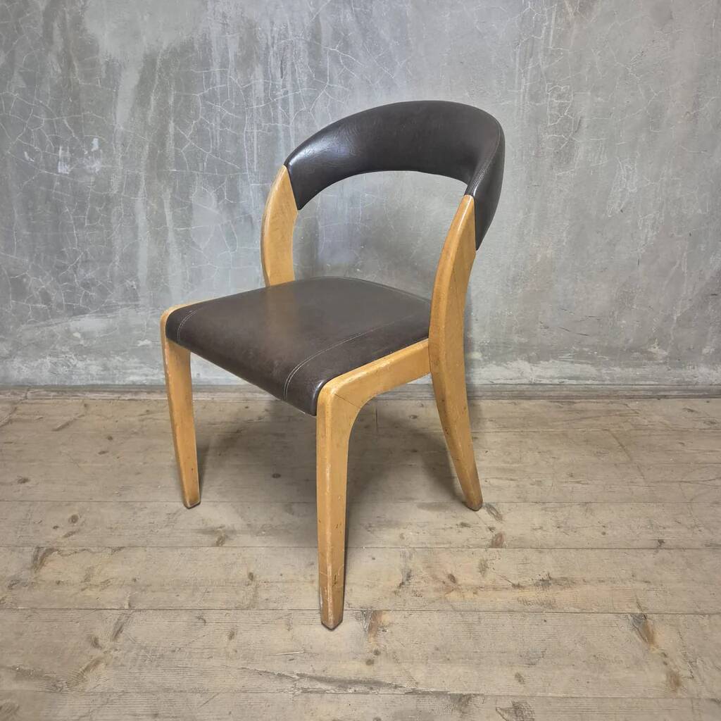 Vintage Curved-Back Dining Chair, Wood & Leatherette, Czechoslovakia, 1970s