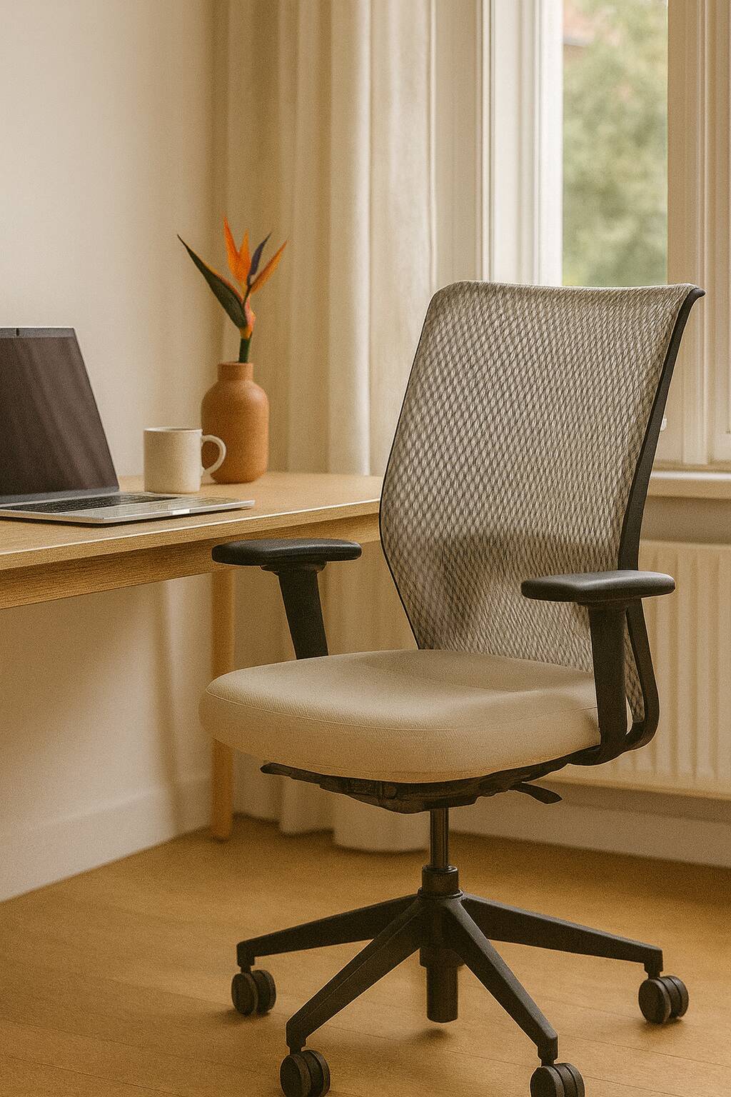 Office chair with wheels and mesh backrest.