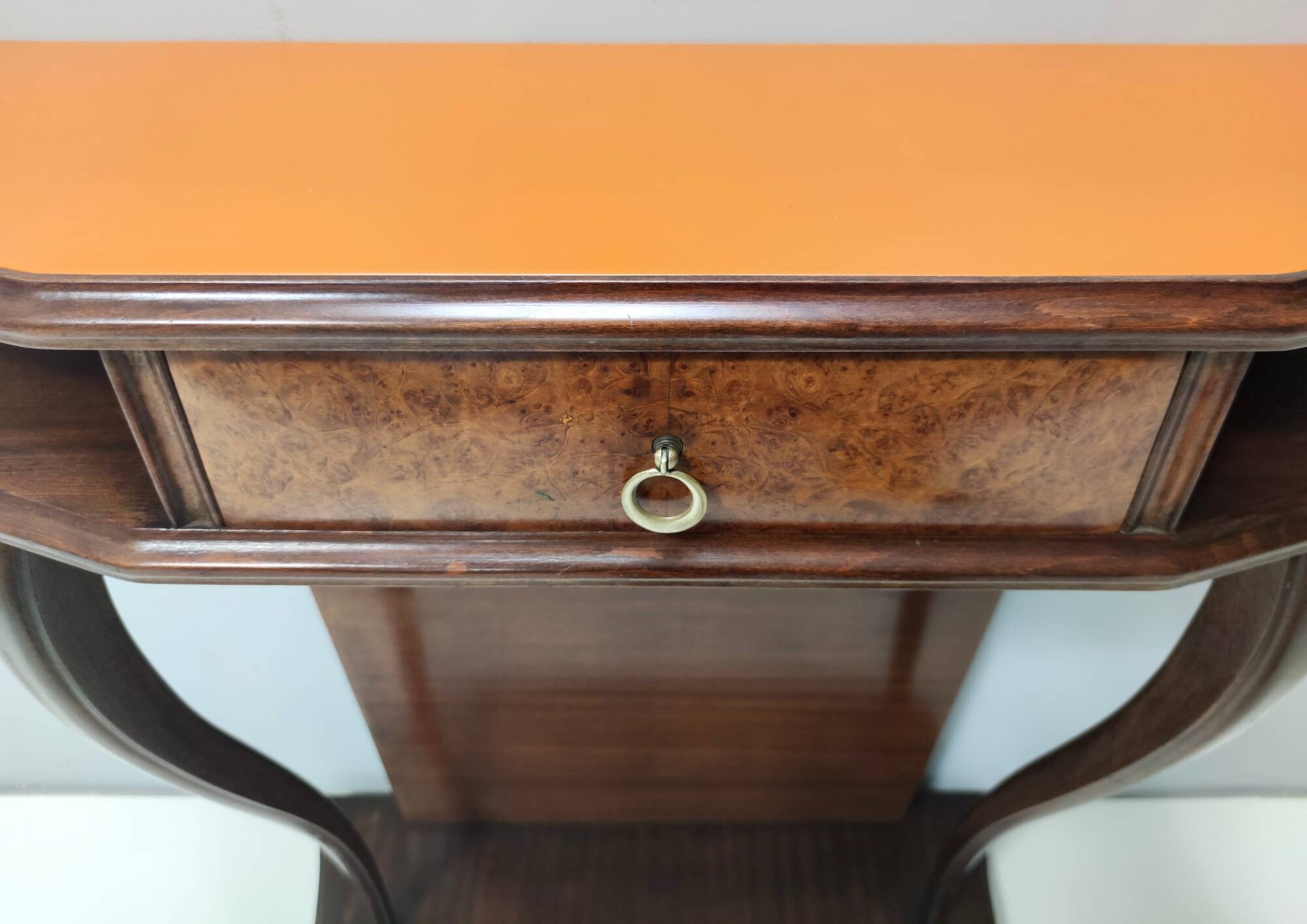 Beech and Walnut Root Console Table with an Orange Glass Top, Italy