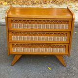 Commode scandinave en chêne et rotin des années 60