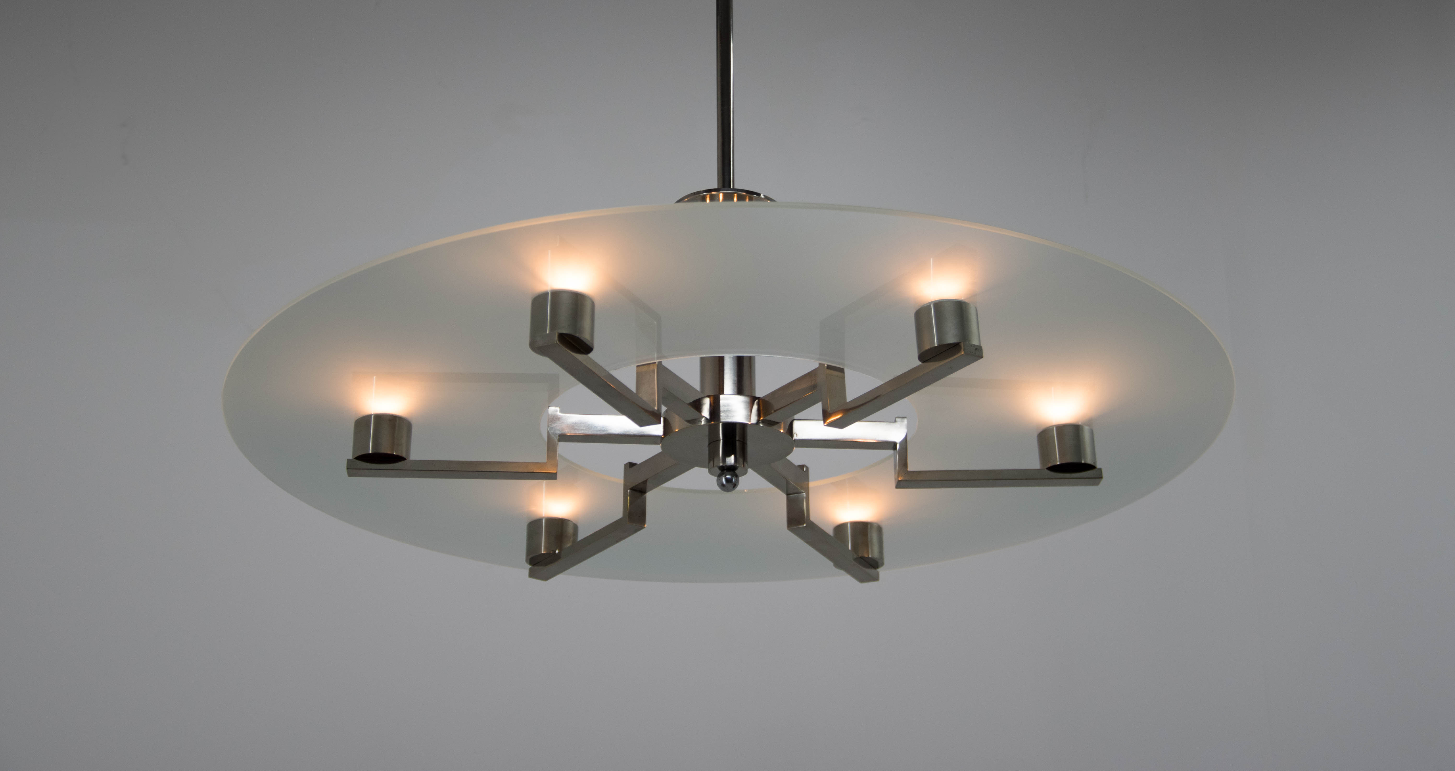Functionalist 6-flamming Nickel-plated Chandelier, 1930s
