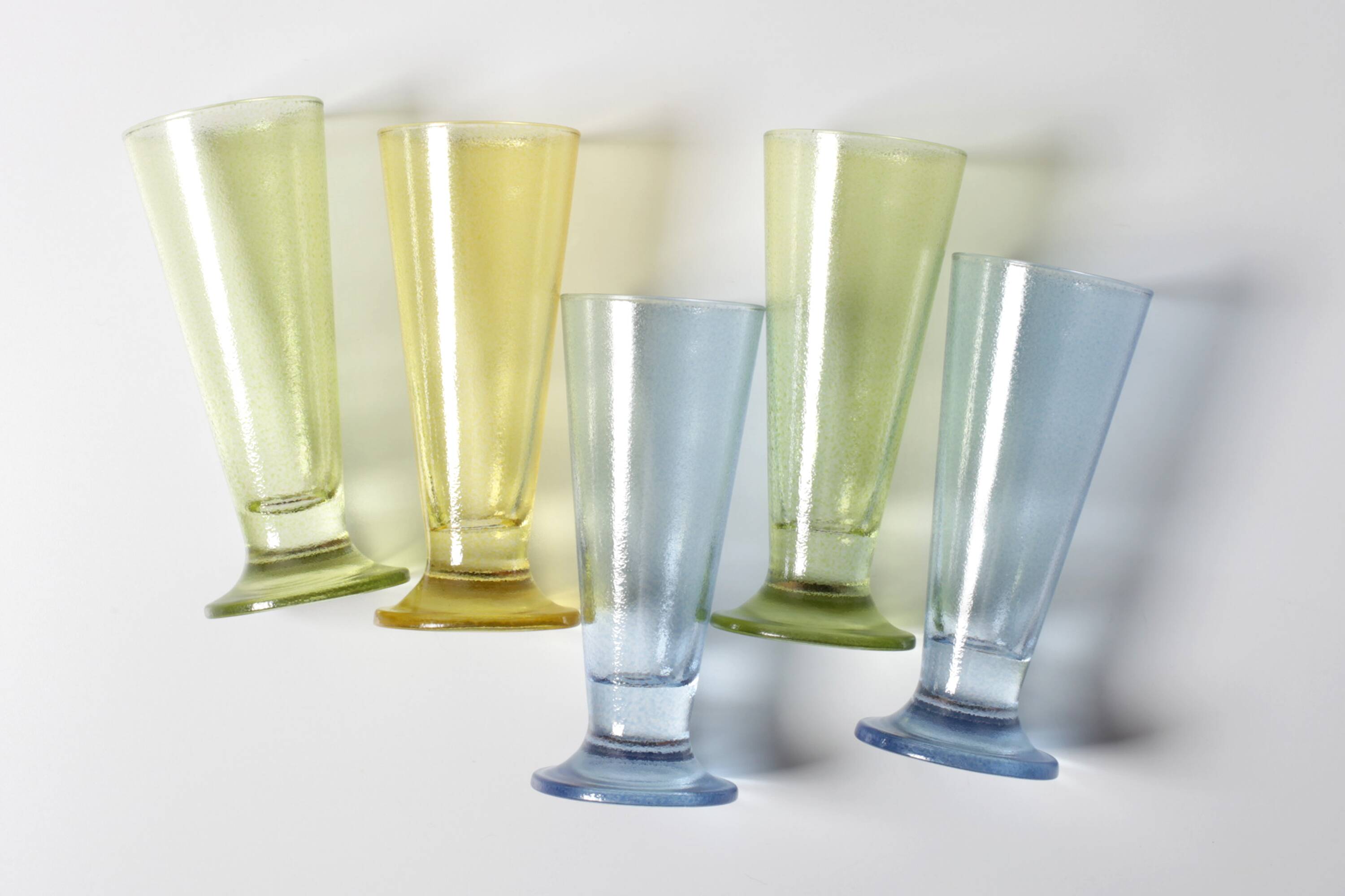 Set of 5 Colorful Yellow, Green and Blue Water Tumblers / Turkey / 2000s
