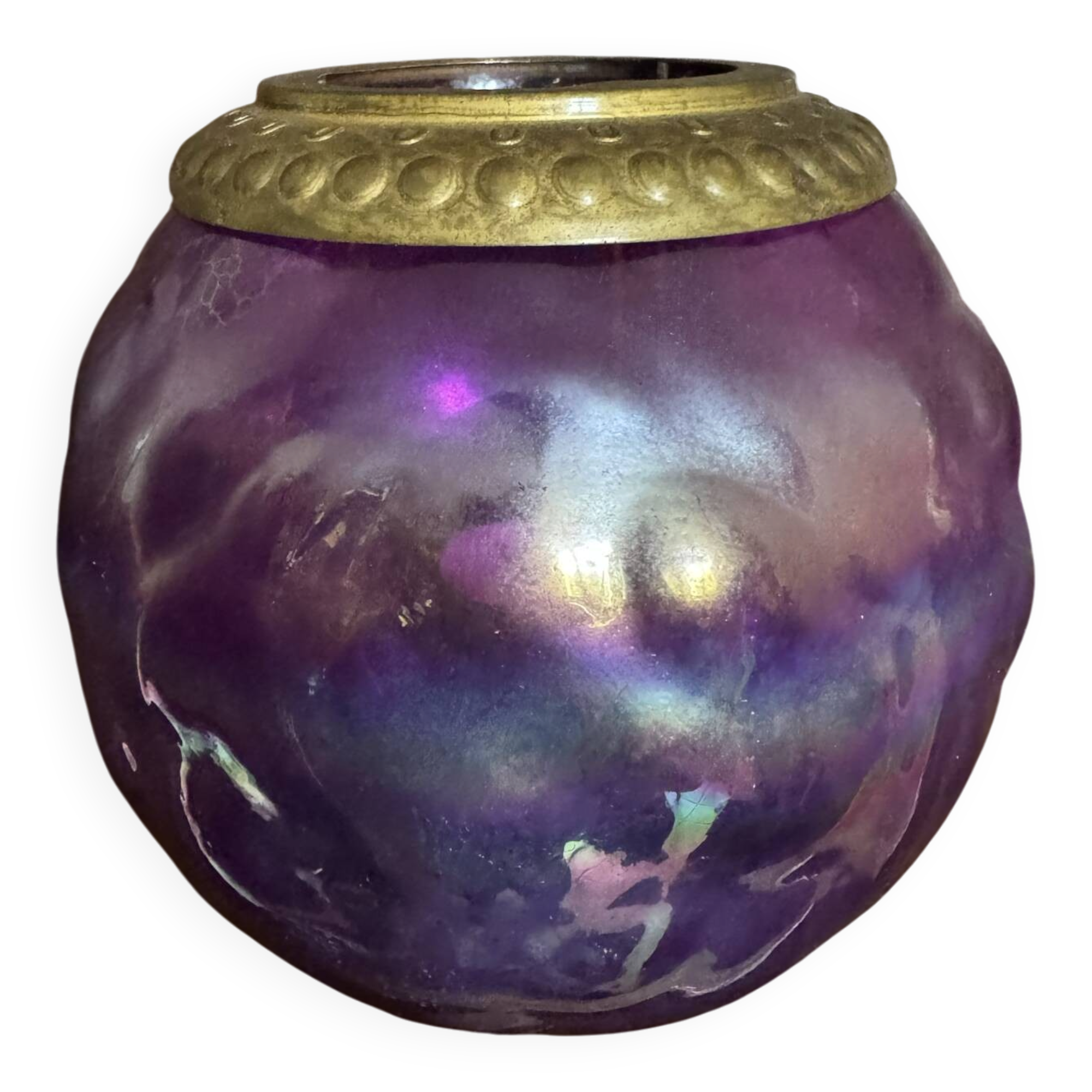 Antique iridescent purple glass lantern with a brass frame.