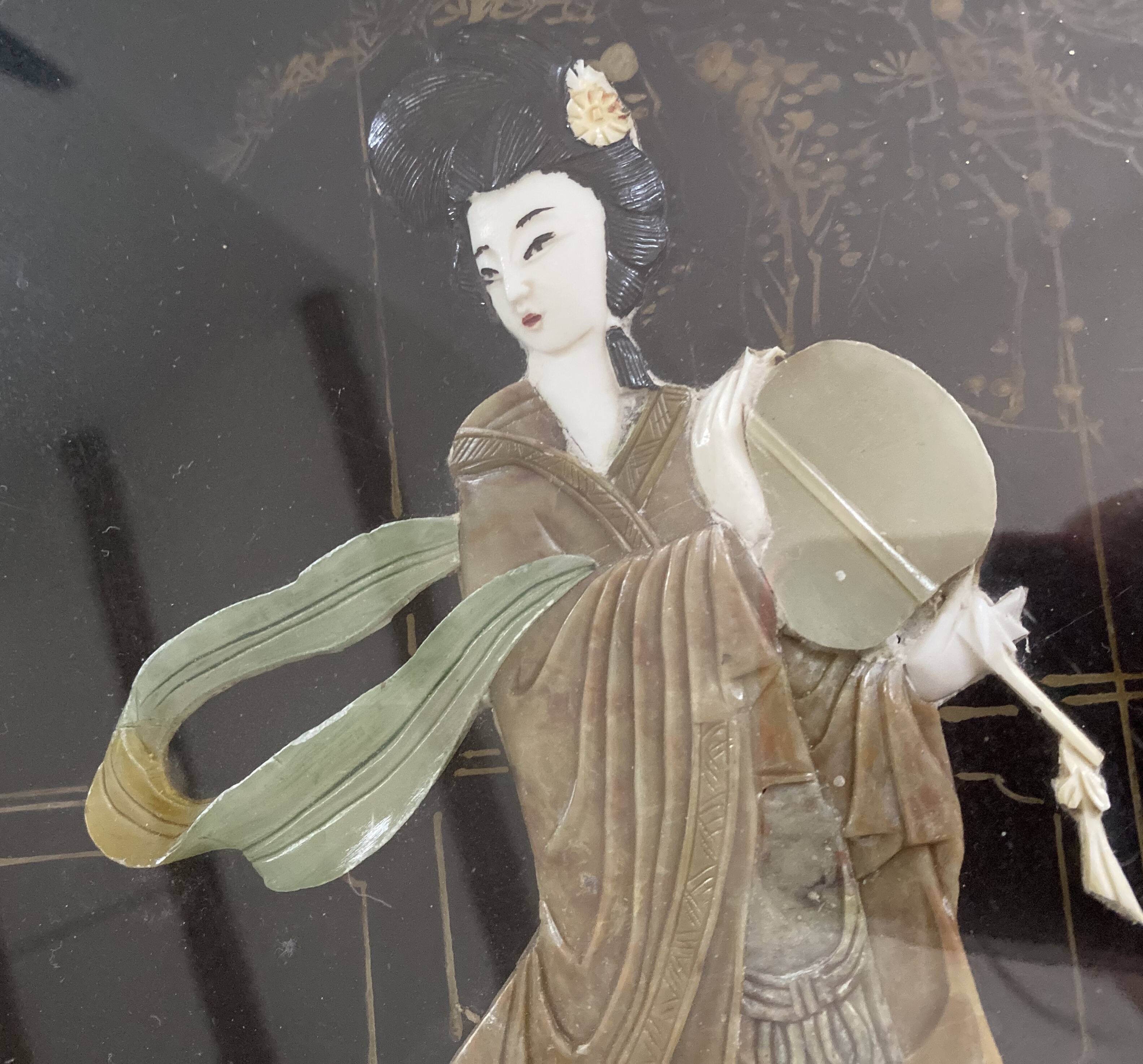 Chinese decorative table – black lacquer, jade and mother-of-pearl inlays