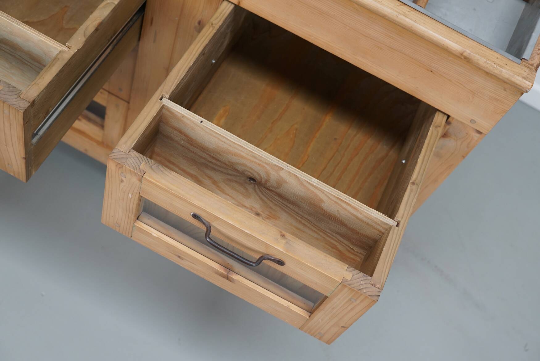 Vintage Dutch Pine Haberdashery Shop Cabinet with Glass Fronts