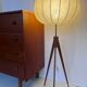 Lampadaire vintage tripode teck et abat-jour cocoon