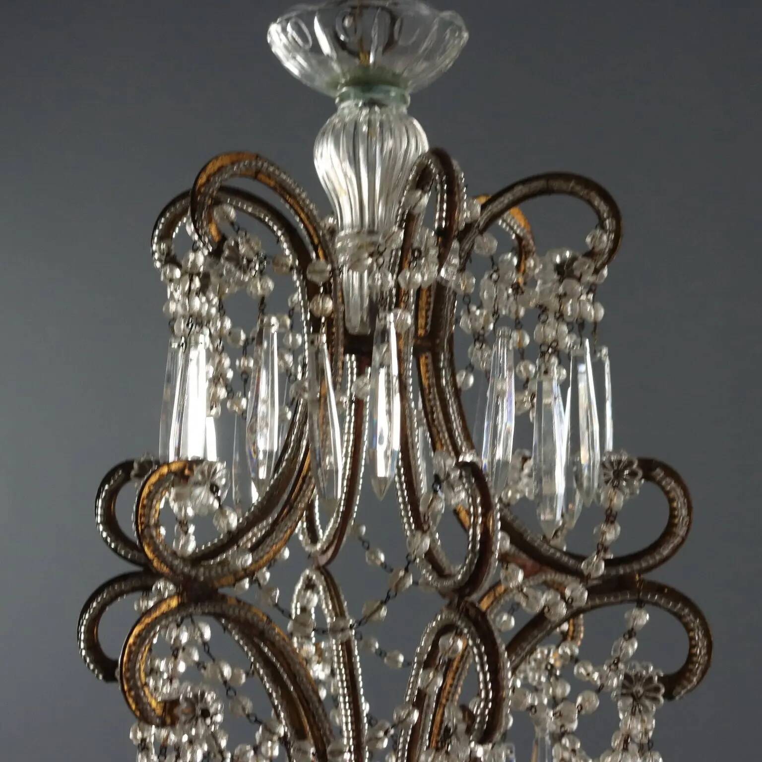 Antique gilded iron chandelier with 6 lights, Italy, early 20th century.